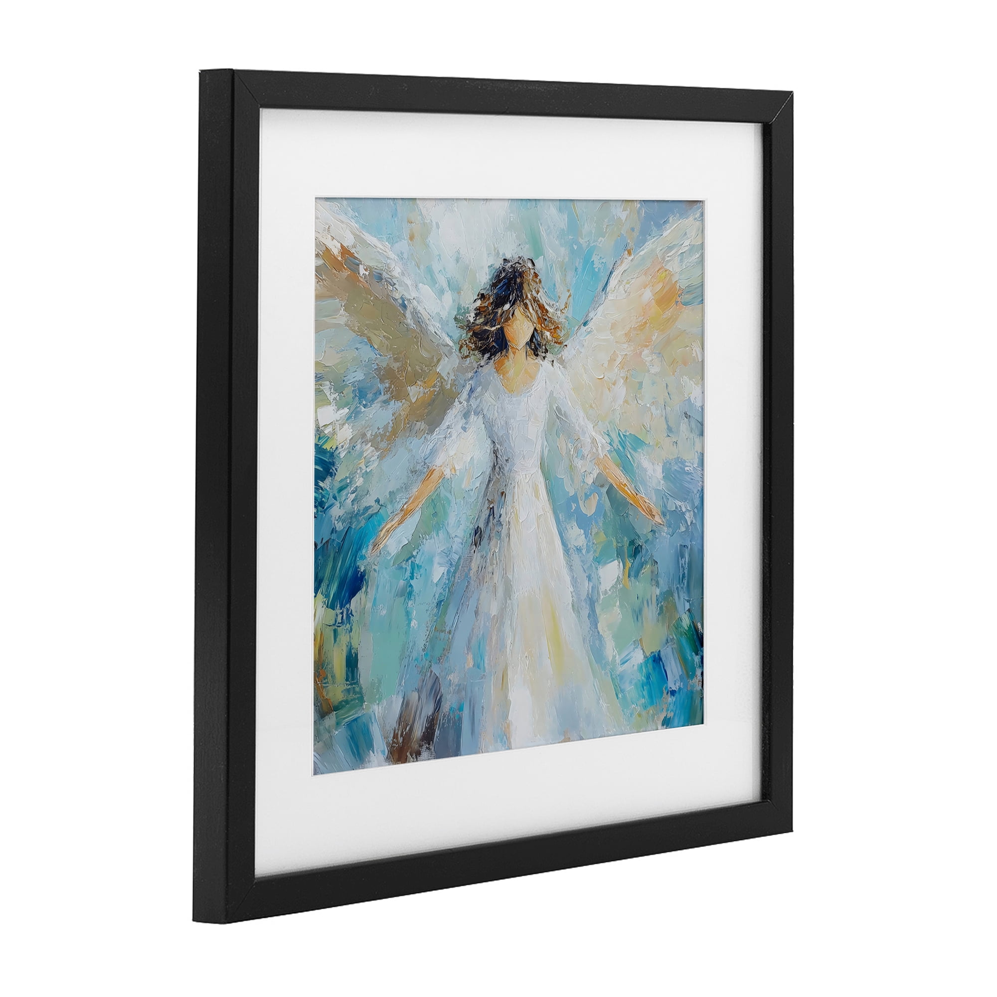 Flying Glory Angel Black Framed Print Under Glass, design by Petal Prints Design