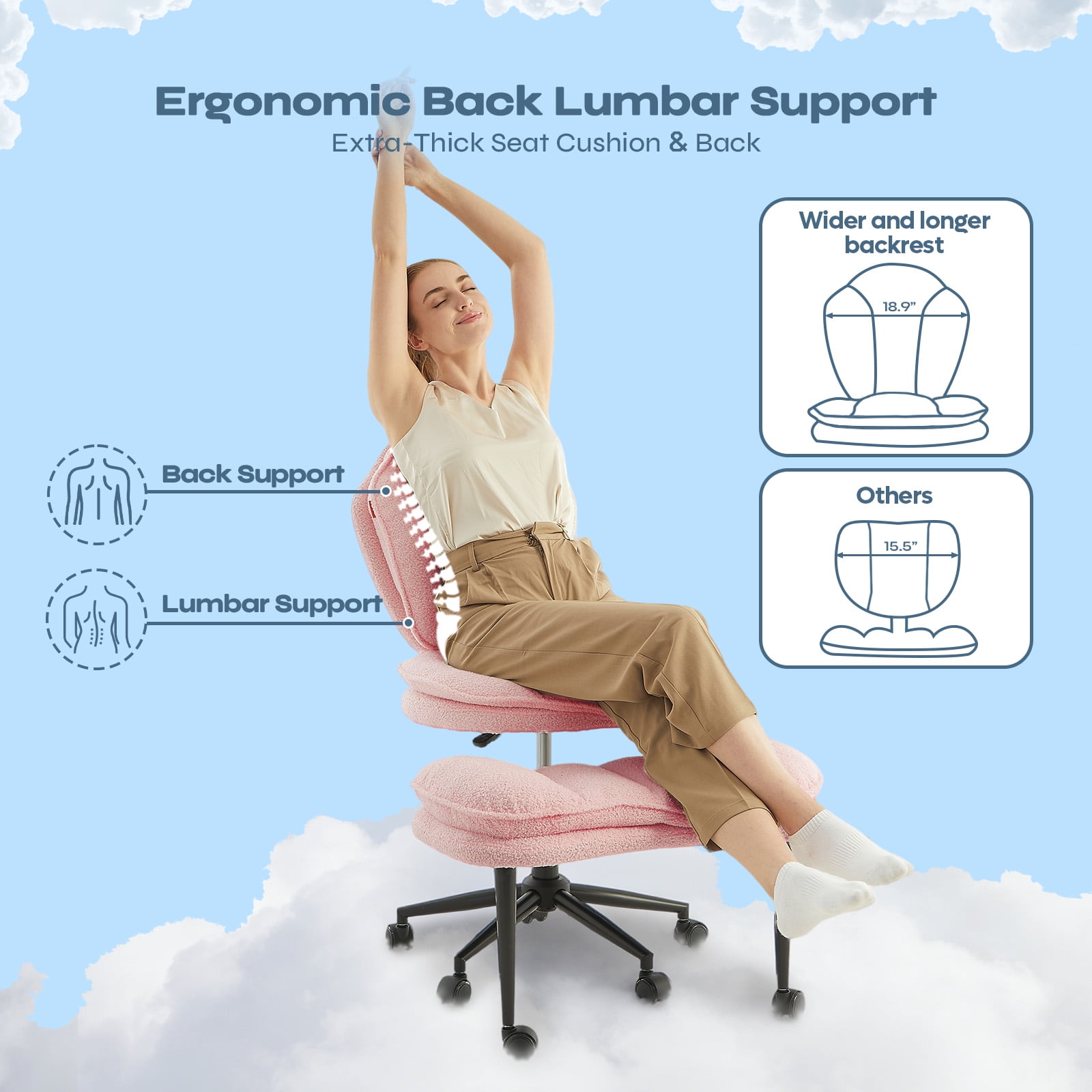 Pinmoco Cloud-Style Cross Legged Office Chair, Kneeling & Criss Cross Swivel Desk Chair with Full Lumbar Support, 360° Rotating Footrest, Ergonomic ADHD Meditation Yoga Chair for Home Office, Pink
