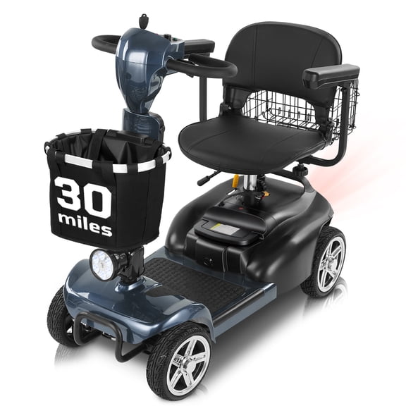 Mbxcooter 4 Wheel Mobility Scooter for Adults&Seniors,30 Miles Lightweight Electric Scooter with Removable Battery,350W Electric Powered Wheelchair Device for Trave,Dual Baskets,Rotating Seat,Gray