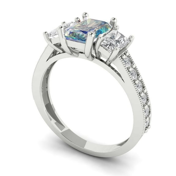 1.88 ct Emerald Cut Blue Moissanite Three-Stone Engagement Ring for Women in 18K White Gold