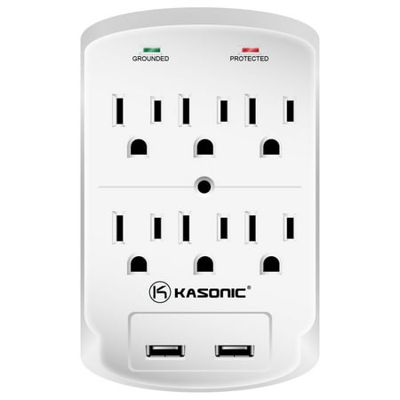 - Kasonic Wall-Mount Power Outlet, 6 AC Socket Surge Protector with 2.1Amp Dual USB Charging Station; Grounding and Protection Indicator; (ETL Certified) for Home, Office (1 Pack)