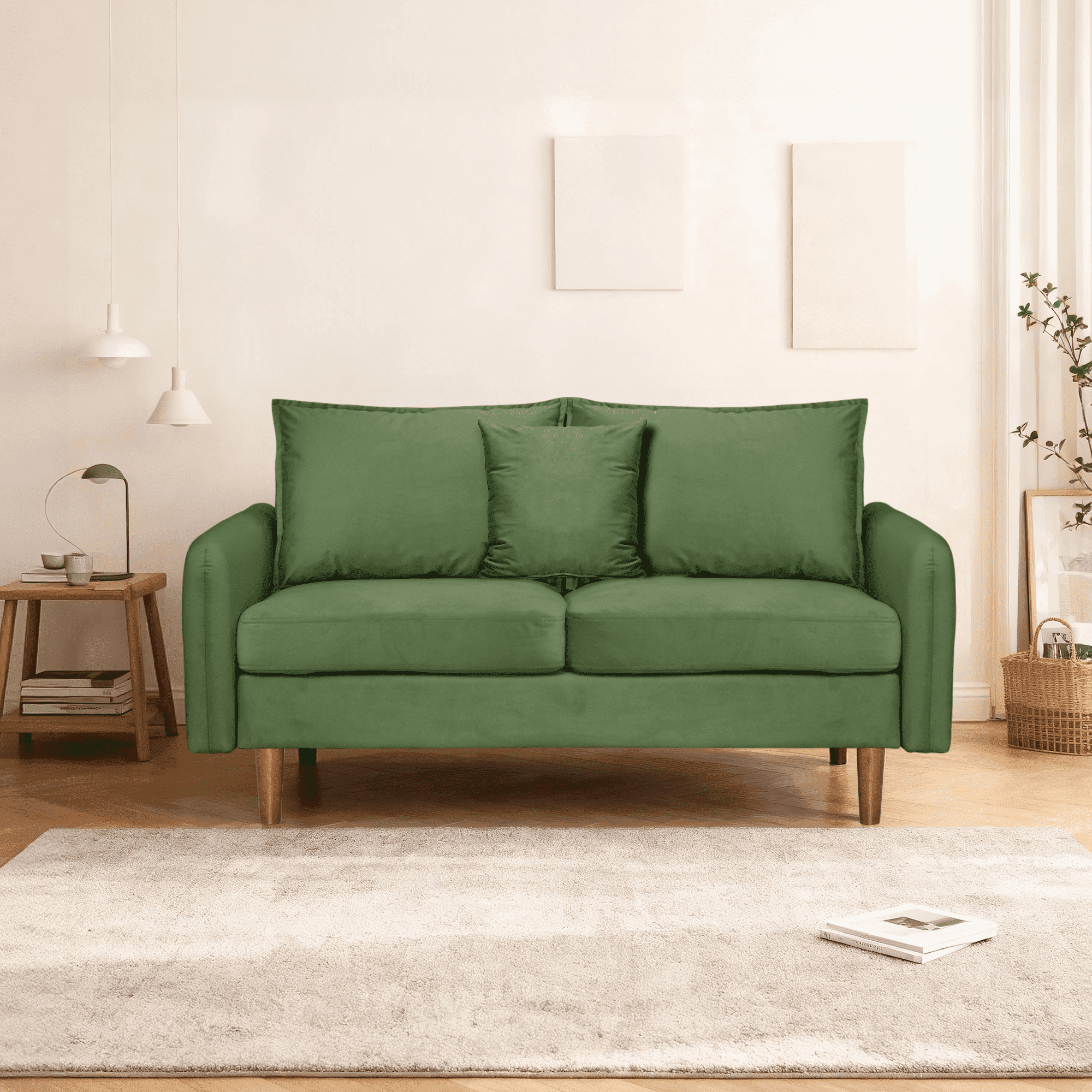 56" Mid-Century Velvet Round Arm Loveseat with Storage Pockets & Pillow