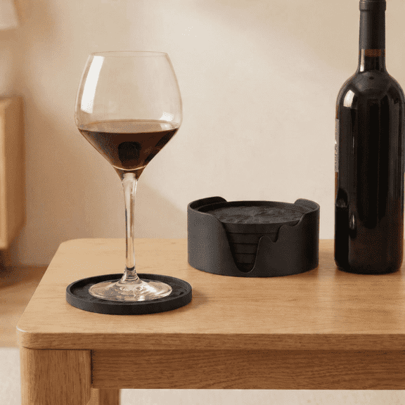 6‑Pack Silicone Drink Coasters with Storage Holder, Non‑Slip Deep Groove Cup Coasters for Hot & Cold Beverages, Non‑Stick Reusable Cup Mats for Tabletop Protection, Black for Home Bar Kitchen Decor
