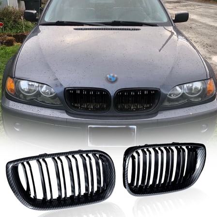 Astra Depot ABS Dual Slats Front Kidney Grill Grille for 2002-2006 BMW E46 4DR 325xi 330i LCI, Carbon Fiber Pattern, 1 Pair