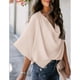 thumbnail image 5 of Tops fruncidos para mujer, cuello en V, manga corta de murciélago, blusa informal holgada de Color puro para fiesta, oficina y viajes, 5 of 5
