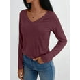 thumbnail image 3 of V Neck T Shirts for Women Lace Long Sleeve Tops Loose Fit Dressy Casual Blouses Fall Winter Basic Trendy Wine Red XL, 3 of 6