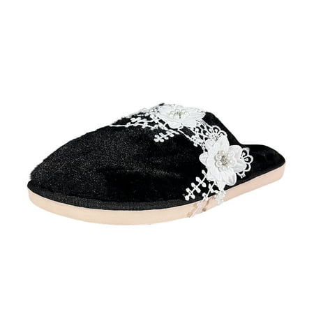 

Daznico Slippers for Women Indoor Ladies Plush Lace Flower Decoration Warm Flat Bottomed Closed Toe Slippers Black 8