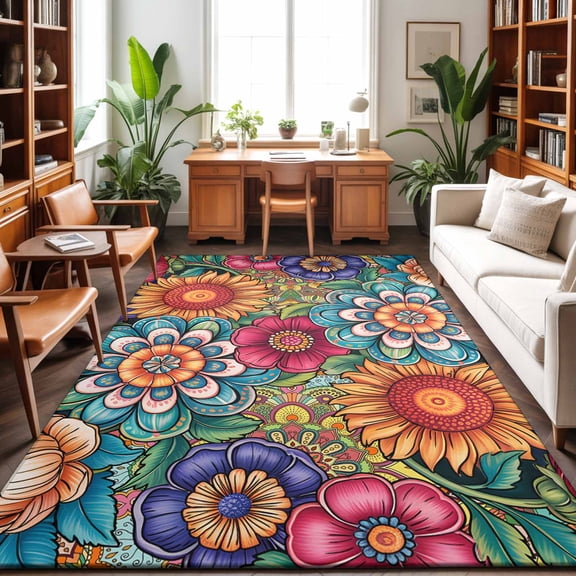 Large Area Rugs 9'x12', Boho Teal Flower Carpet Runner Indoor Outdoor Rugs Home Decor Aesthetic, Spring Bohemia Chic Red Yellow Floral Non Slip Mats Washable Accent Rug for Living Room Bedroom