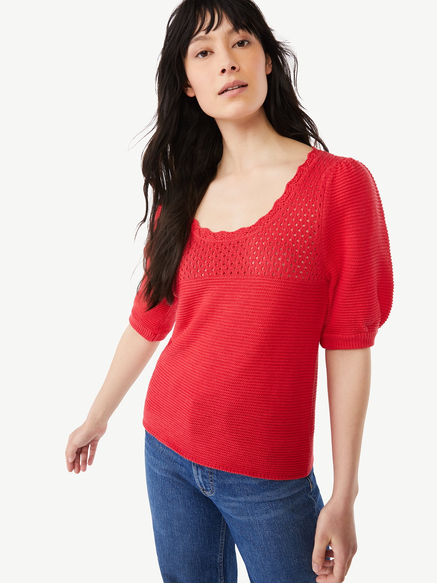 Puff Sleeve Crochet Sweater - Walmart 