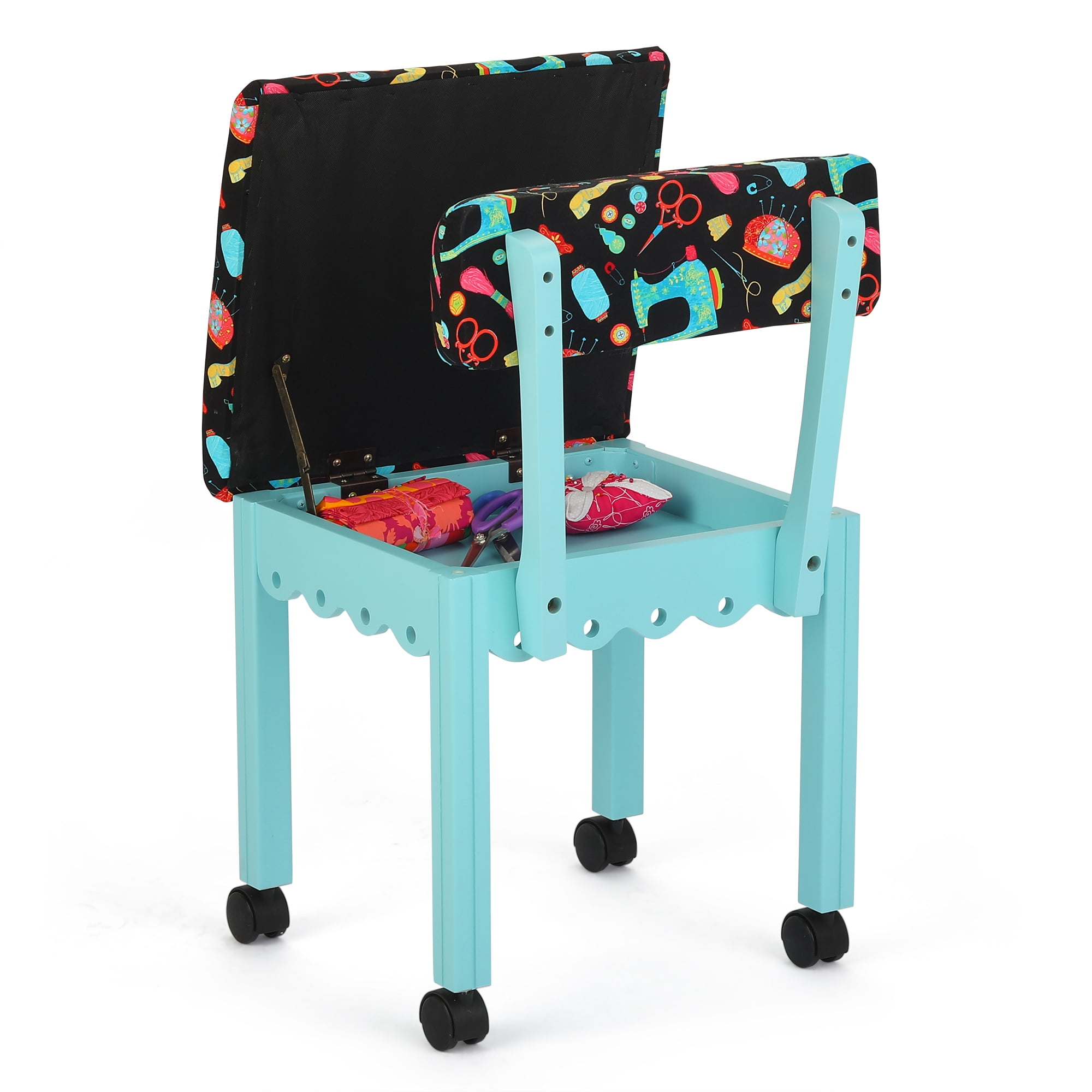 Arrow Blue Sewing Chair with Scalloped Base Sewing Notions on Black
