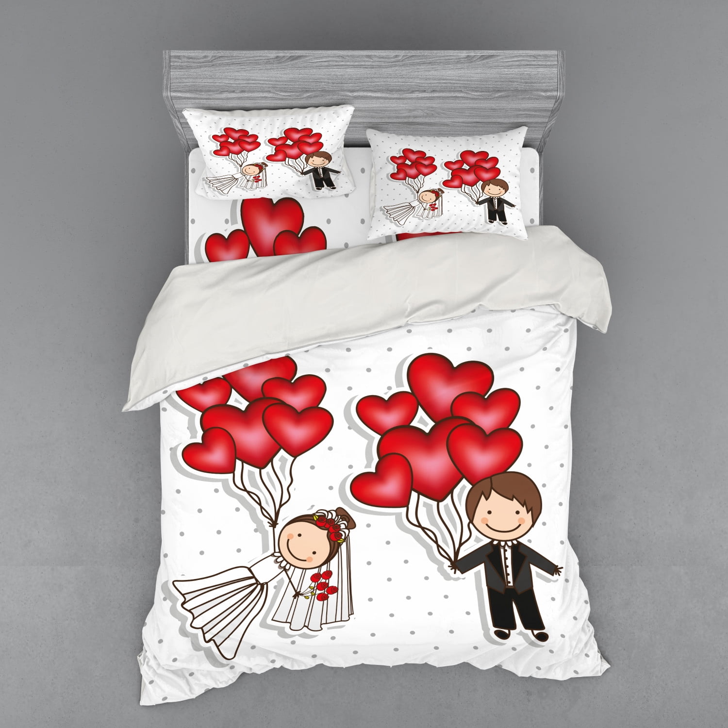 Wedding Duvet Cover Set, Funny Cartoon Style Newlyweds with Heart Shaped Balloons Dots Happiness