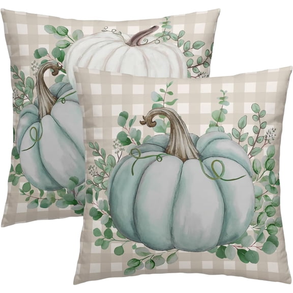 Fall Pillow Covers 20x20 Inch Set of 2 Autumn Thanksgiving Blue Pumpkin Eucalyptus Leaf Buffalo Plaid Throw Pillow Covers Fall Rustic Farmhouse Pillowcases for Couch Home Decor