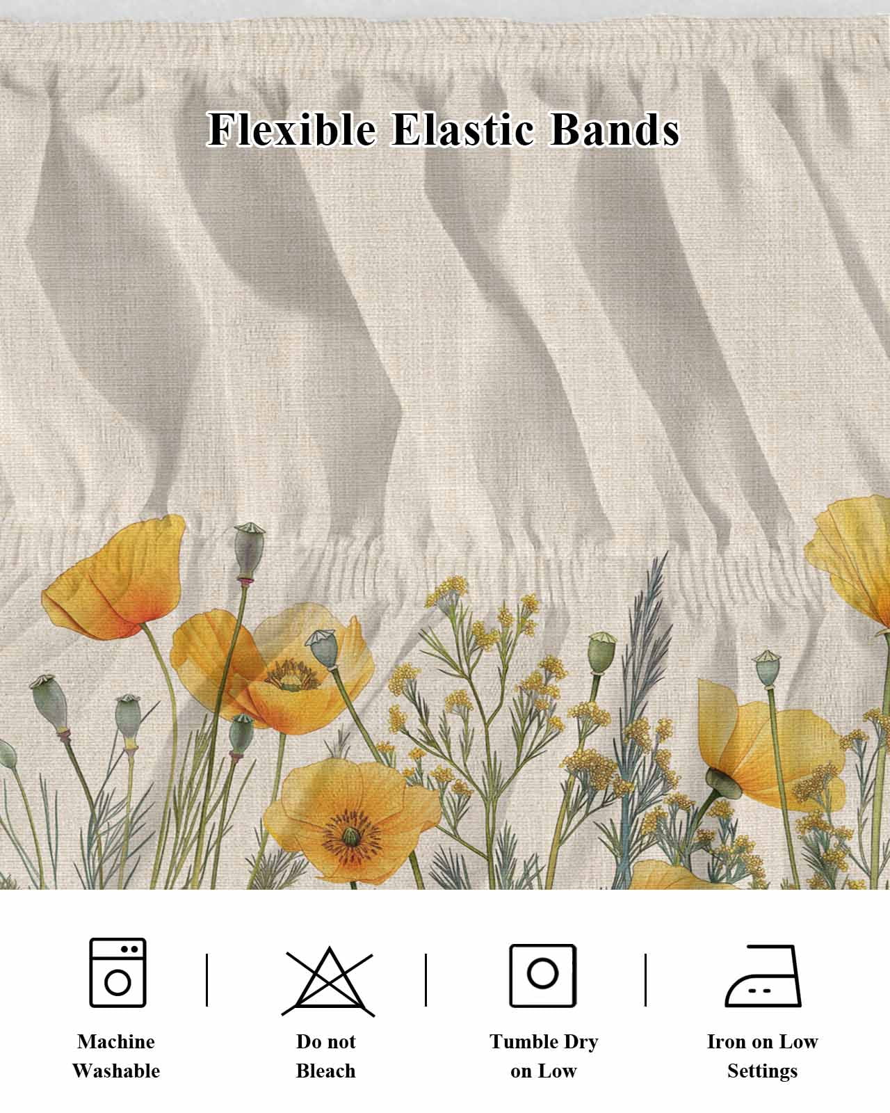 Minimalism Yellow Floral Bed Skirt Queen Size 18" Drop Watercolor Plants Linen Background Ruffled Wrap Around Bed Skirts Adjustable Elastic Bedskirt Dust Ruffle for Queen Size Bed