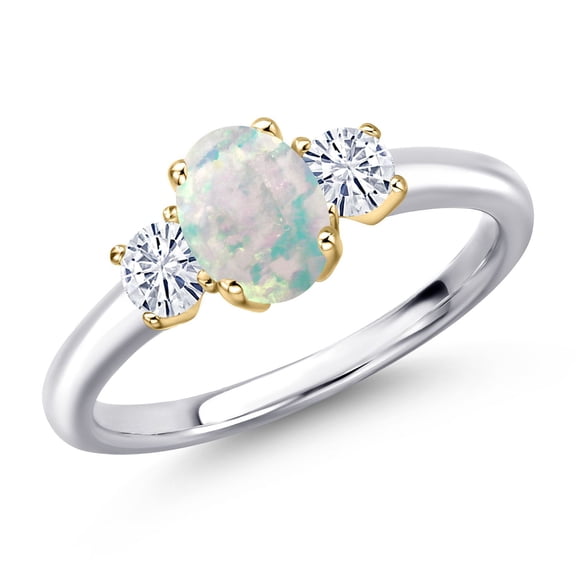 Gem Stone King 925 Silver and 10K Yellow Gold Simulated White Opal and White Moissanite Engagement Ring for Women | 1.32 Cttw | Oval Cabochon 7X5MM | Gemstone October Birthstone | Size 9