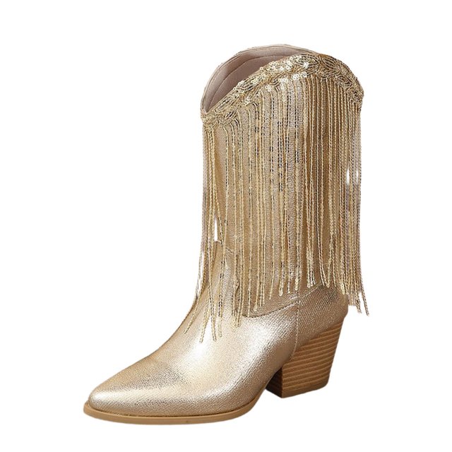 Bottes pour Femmes Décoration à Franges Talon Carré Bout Rond Dessus en PU Semelle en Caoutchouc Rétro Confortables Chaussures Décontractées pour Usage Quotidien