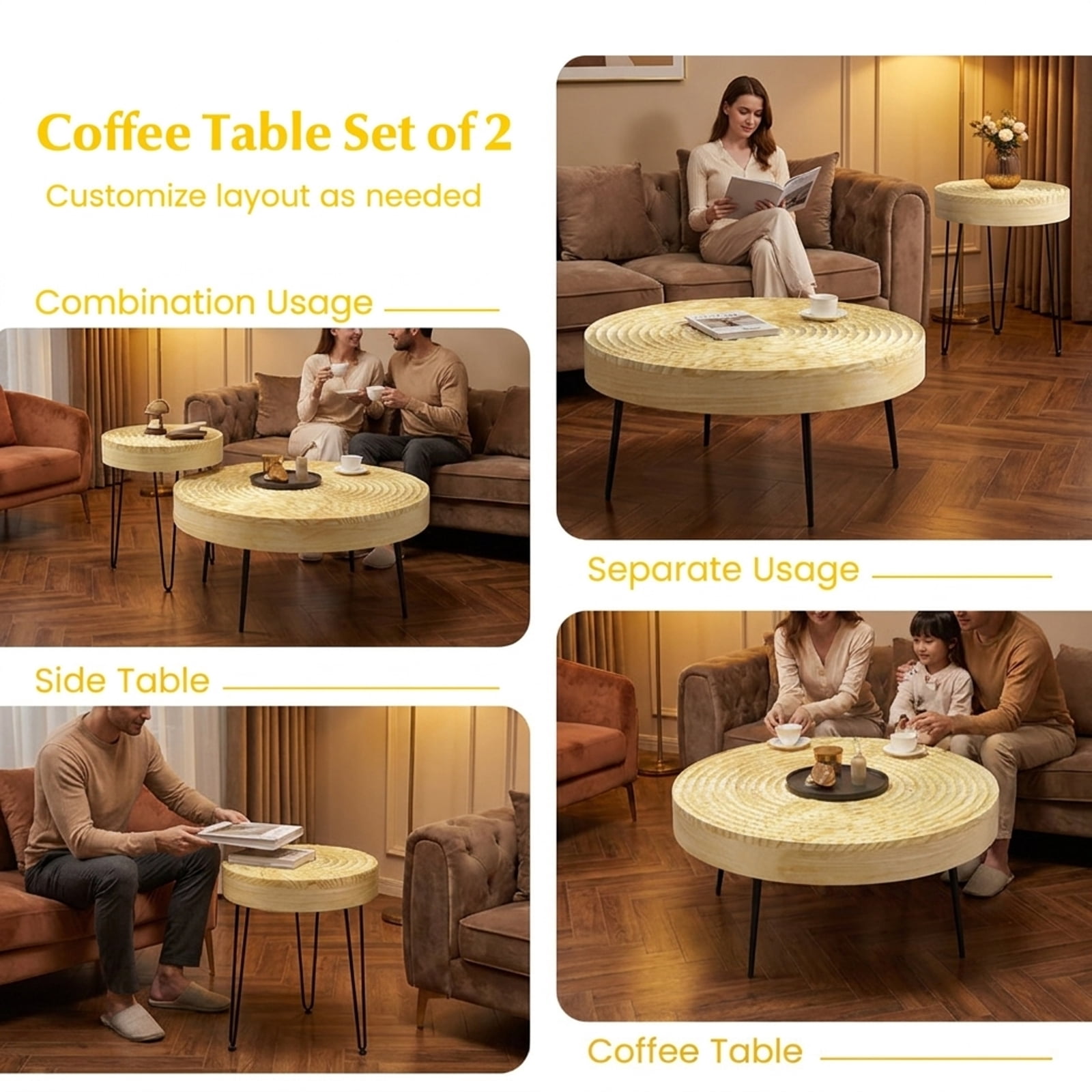 Furnibear Set of 2 Solid Wood Farmhouse Round Coffee Tables - Natural - Living Room Cocktail Center Table