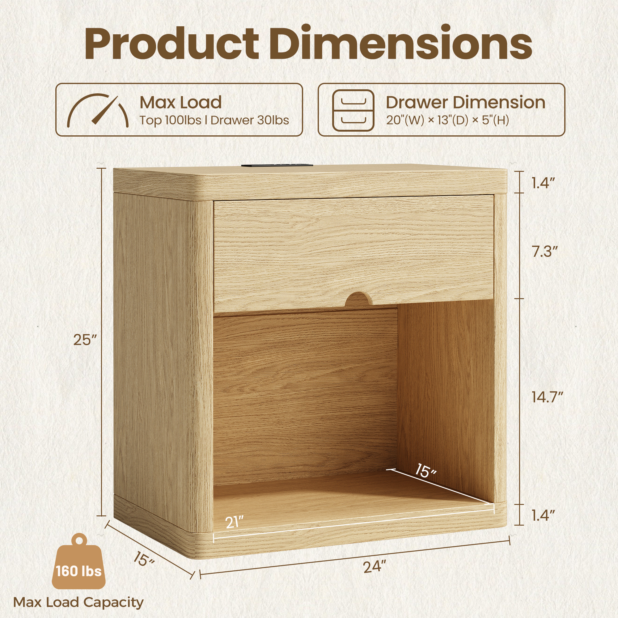 Set of 2 Wood Nightstands with USB Charging Station, 24" Bedside Tables with Safe Rounded Corners & Crescent Handles - Sturdy End Tables for Bedroom, Living Room, Nursery (Wood, 2-Piece Set)