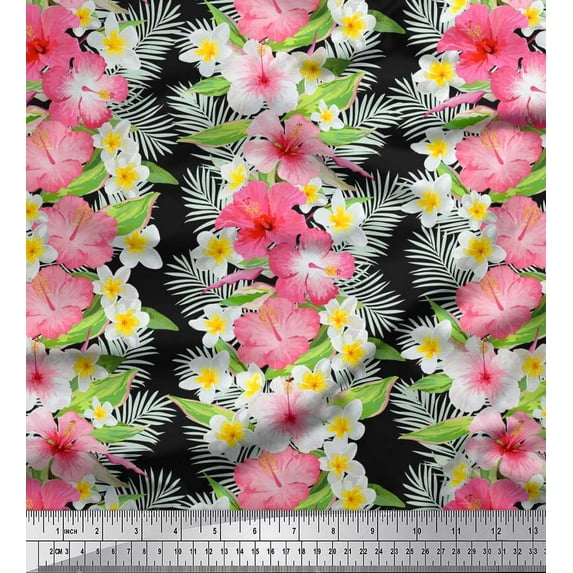 Soimoi Black Poly Georgette Fabric Leaves & Tropical Floral Watercolor Print Sewing Fabric BTY 42 Inch Wide