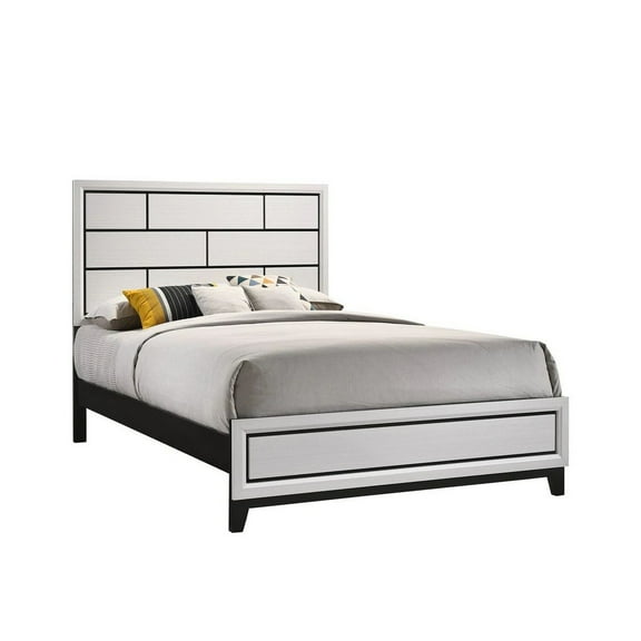 Benjara Asir Queen Size Bed, Geometric Panel Headboard, Modern White Wood Finish