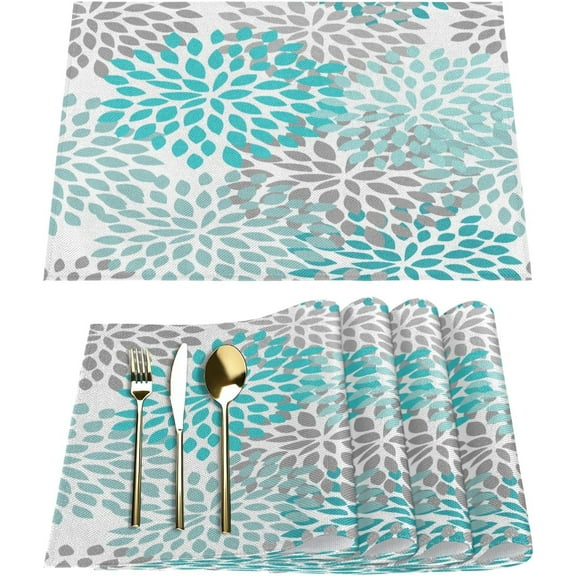 Cyan Dahlia Flower Placemats Set of 6 Washable Kitchen Dining Table Mats 12 x 18 Inch Modern Cloth Place Mats Non-Slip Heat Resistant Placemats for Home Farmhouse Kitchen Dinner Party Decor