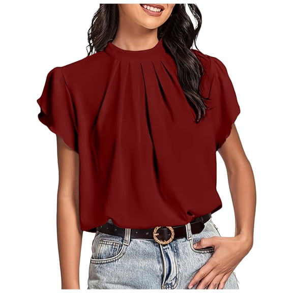 Women Fashion Solid Casual Comfort Elegant Pleated Short Sleeve Shirt Top