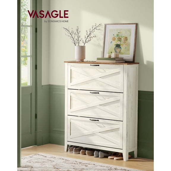 VASAGLE Shoe Storage Cabinet Organizer with 3 Flip Drawers, Freestanding Narrow Shoe Rack Cabinet for Entryway, Farmhouse Style, Fits 18 to 24 Pairs, Rustic White