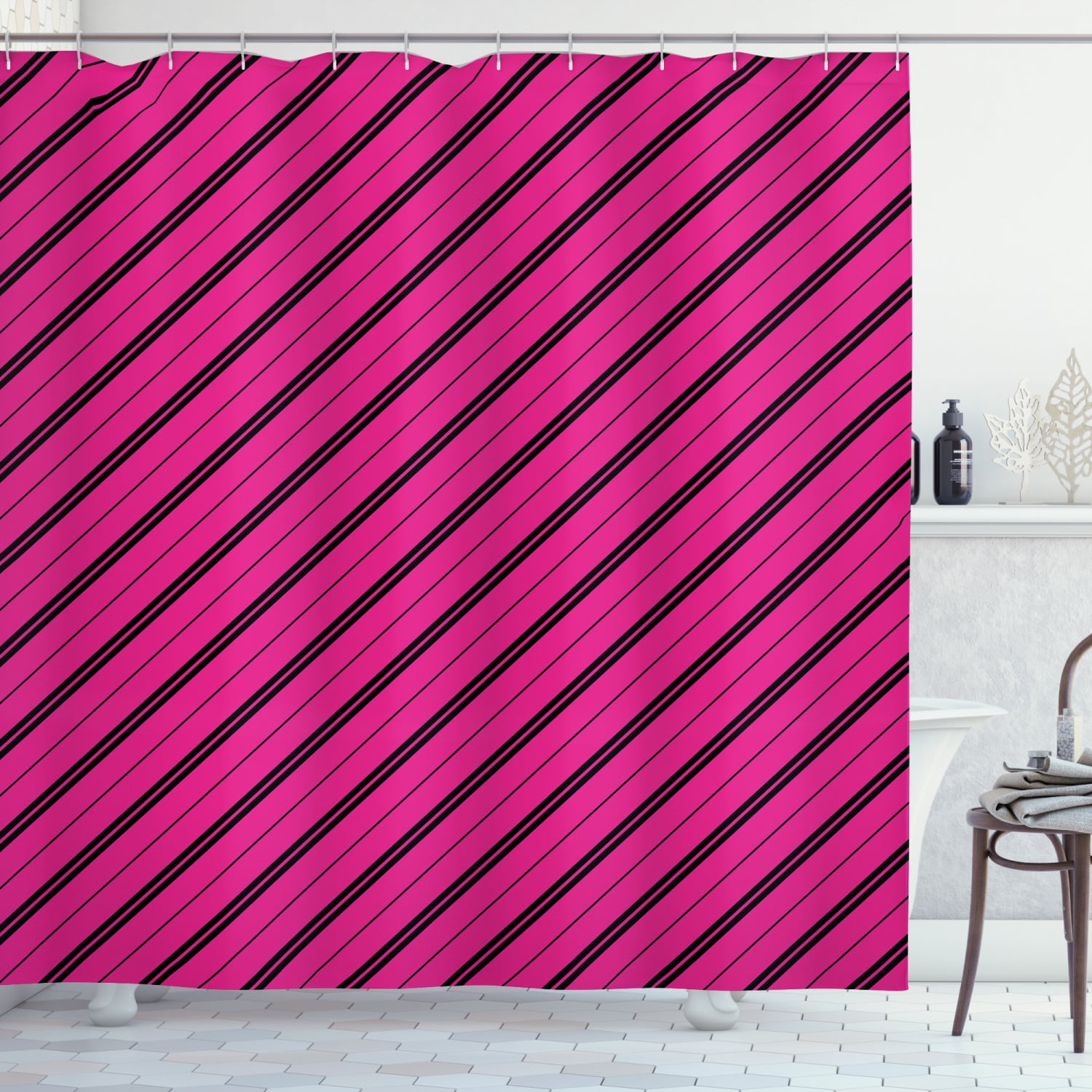 Ambesonne Hot Pink Shower Curtain, Diagonal Lines Modern, 69"Wx75"L