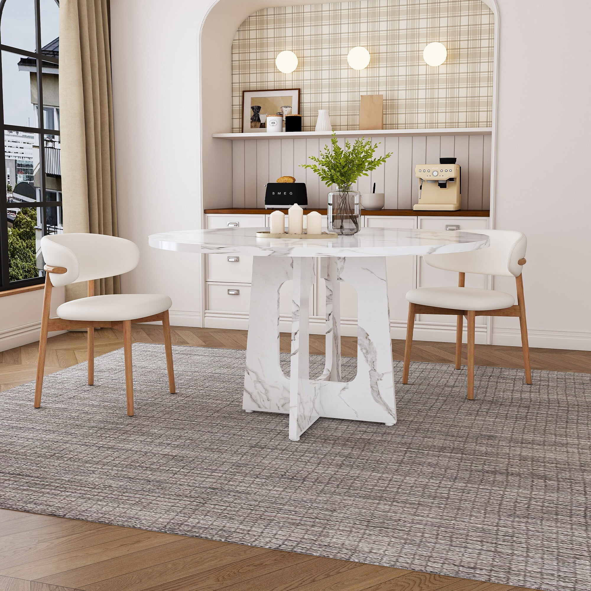 AENKYO 47" Round Dining Table, Modern Faux Marble Texture Kitchen Table for 4-6, Heavy Duty Pedestal Base, White