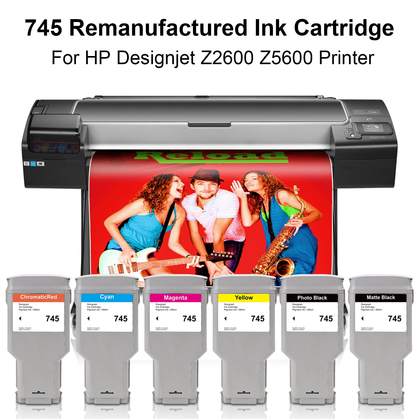 6-Pack 745 Ink Cartridges - Remanufactured For HP Designjet Z2600 Z5600 Large Format Printers