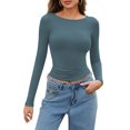 thumbnail image 2 of Womens Shirts Crewneck Solid Crop Top Slimming Long Sleeve Crop Tops Blue Size XS, 2 of 5
