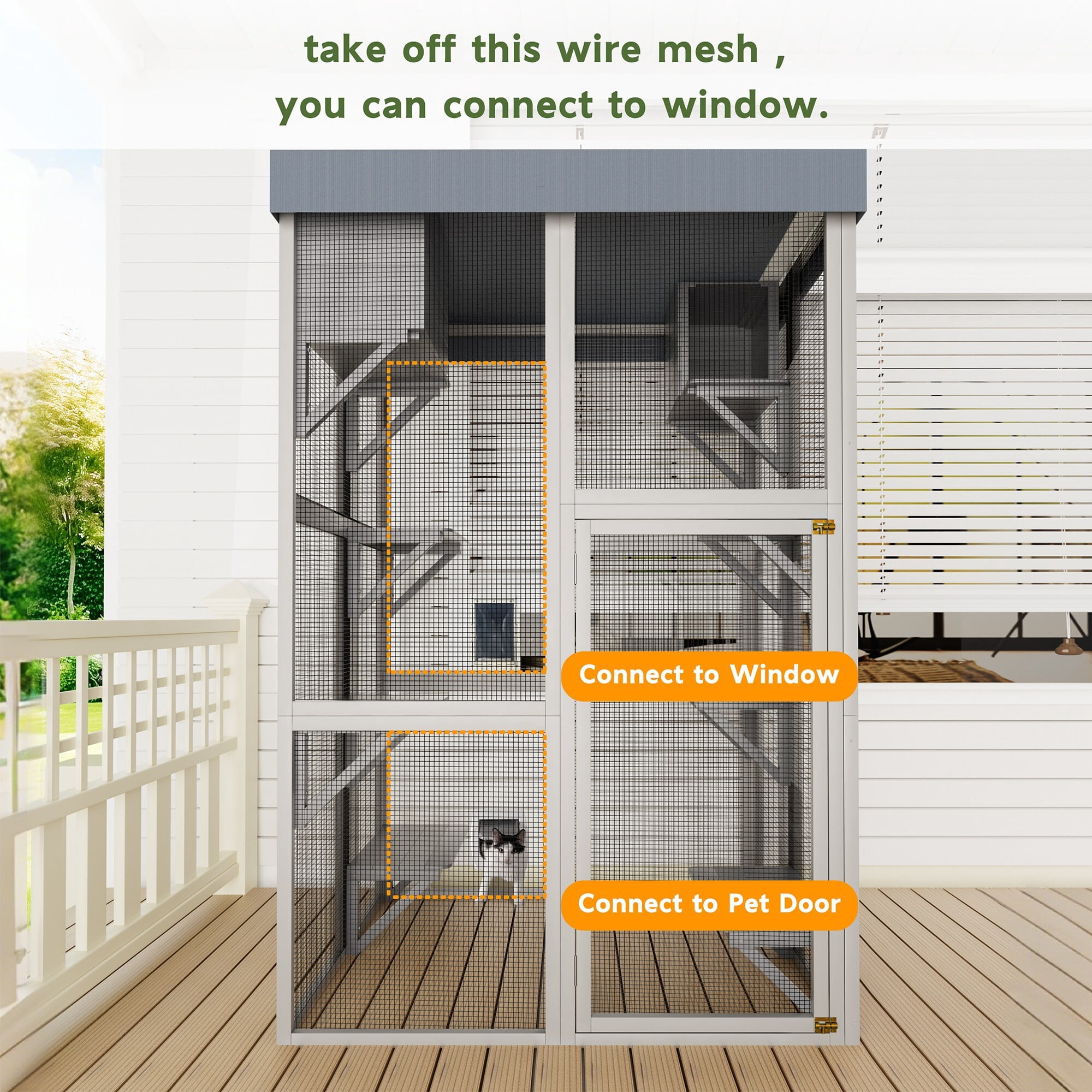 AENKYO 70.5'' H Outdoor Catio Cat Enclosure with Waterproof Roof, 6 Platforms, 2 Napping Houses, Cat House for Multiple Cats, Gray