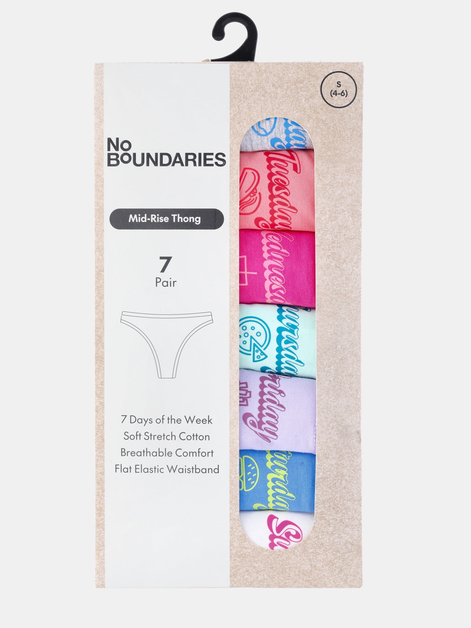 No Boundaries Cotton Thong Panties, Days of the Week - 7 Pack, Women’s and Women’s Plus, Sizes XS-XXXL