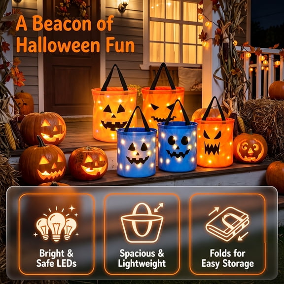 Halloween Basket LED Light Up Pumpkin and Skull Candy Bag, Glow in The Dark Canvas Tote, Reinforced Handle for Night Safety and Party Favors by OVFUIZ