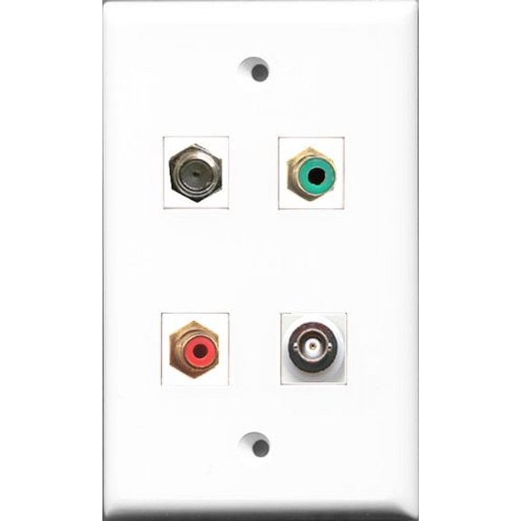 RiteAV 1 Port RCA Red and 1 Port RCA Green and 1 Port Coax Cable TV- F-Type and 1 Port BNC Wall Plate