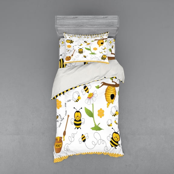 Ambesonne Flower Bedding Set 3 Pcs, Bees Daisies Chamomile, Twin XL, Yellow White and Black