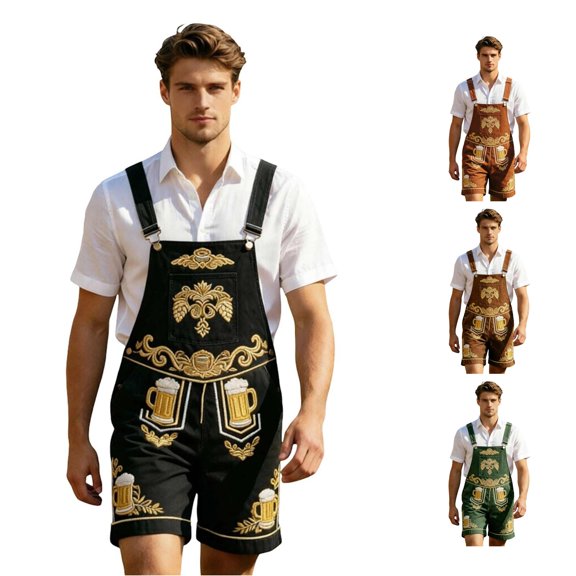 XIAOCHA Men's Hop Embroidery Lederhosen Wide Strap Oktoberfest Bib Shorts Halloween Casual Pants,Black,Sizes L