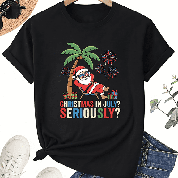 Unisex Christmas in July Santa T-Shirt, Surf Lounge Graphic, 100% Cotton Short Sleeve Tee