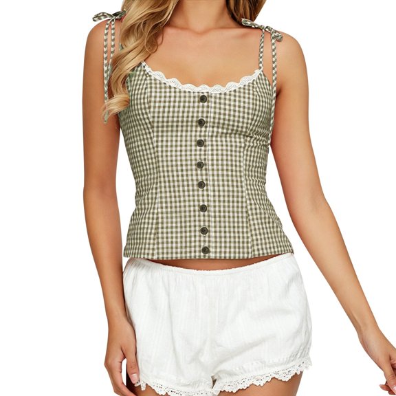 Daznico Womens Gingham Plaid Camisole Lace Trim Tie Strap Button Front Fitted Casual Summer Crop Tank Top,L