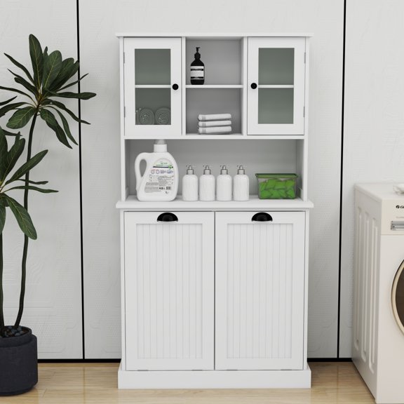 Tcbosik Double Tilt Out Trash Cabinet with Doors and Adjustable Shelves, Free Standing Recycling Cabinet with Removable Cloth Bags, Hideaway Garbage Holder for Kitchen Dining Room, White