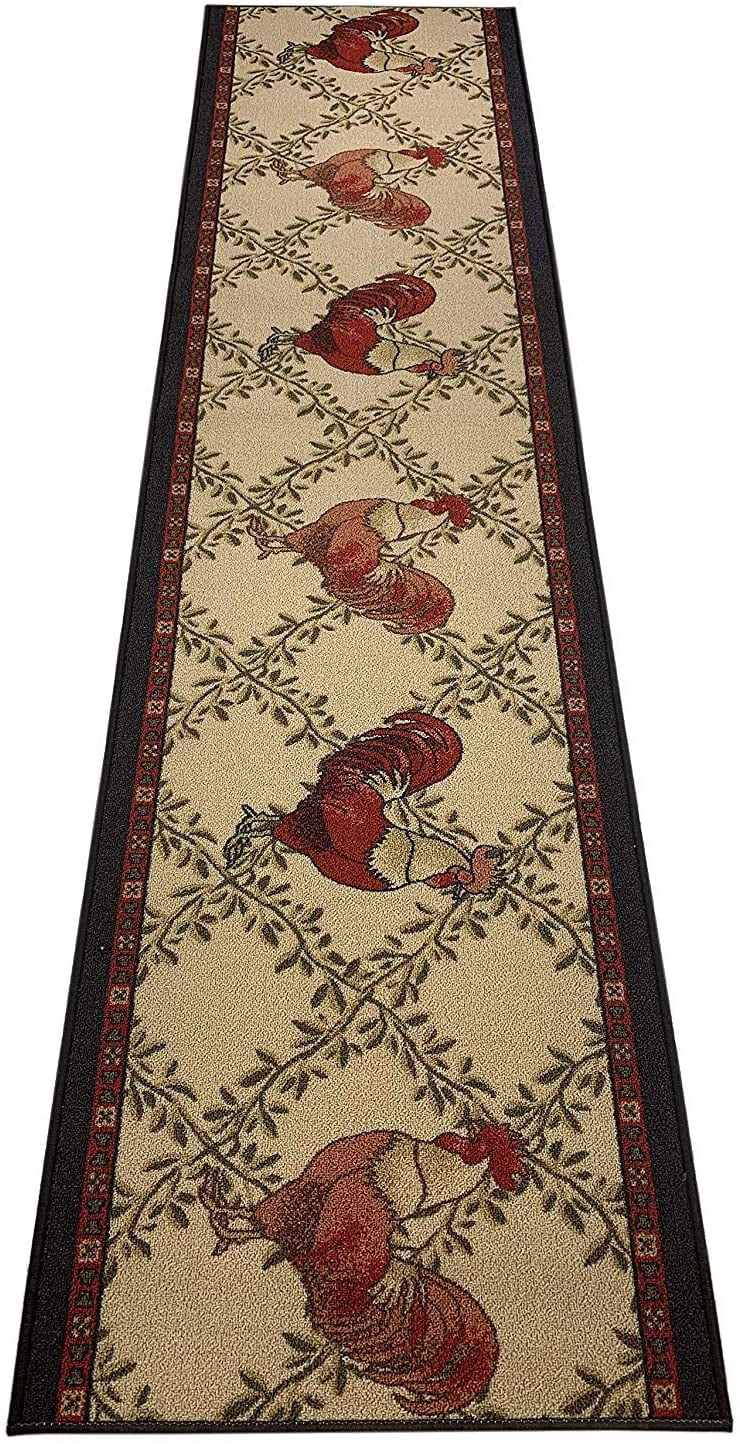 Rooster Chicken Rug Mat Burgundy Red Beige Country Washable Accent Matching Set 