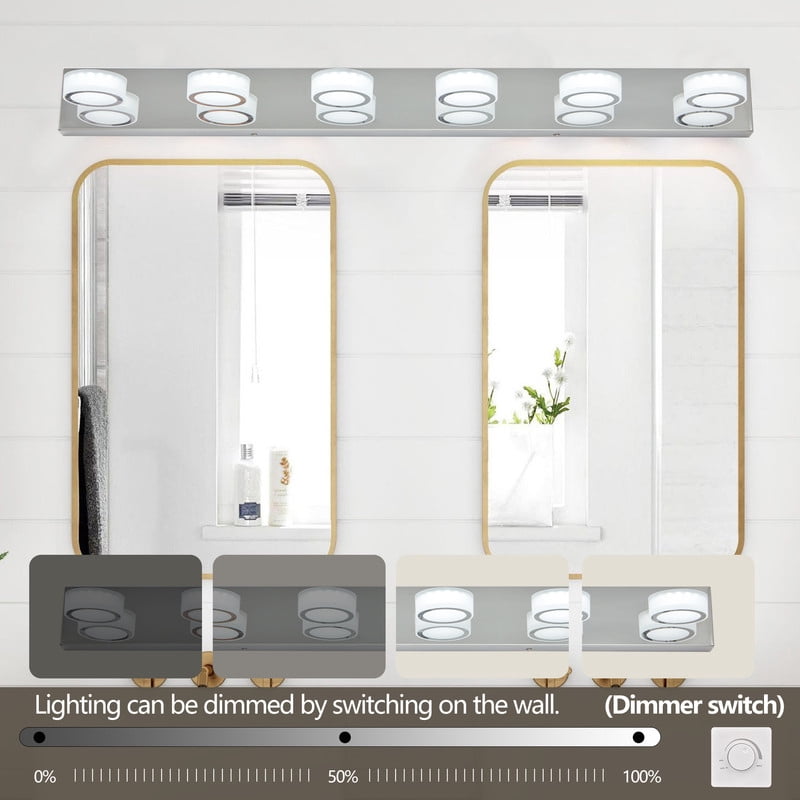 45" Modern 6-Light LED Vanity Light Fixture, Chrome Bathroom Lighting Over Mirror, Wall Mounted Dimmable Bathroom Vanity Lights for Makeup, Shower & Decor