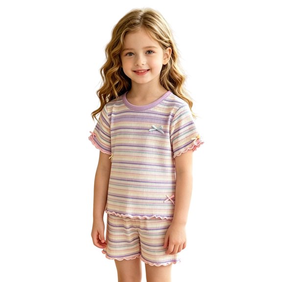 Yuncity Pajamas For Girls Summer Crew Neck 2 Piece Outfit Cute Bow Knot Graphic Short Sleeve Top With Shorts Pajama Set Sleepwear Size 5-6 Years