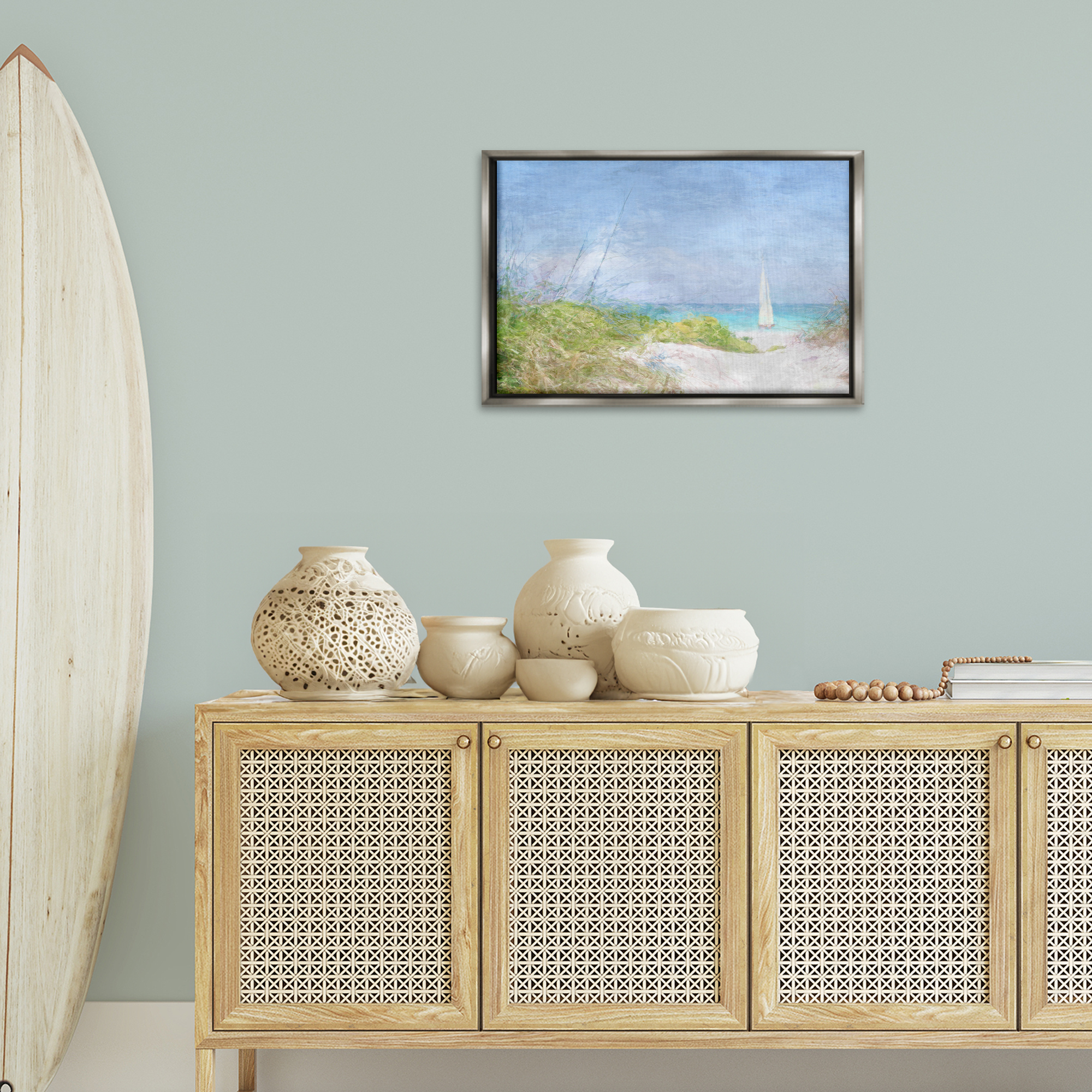 Stupell Industries Solitary Yacht Seascape Coastal Painting Gray Floater Framed Canvas Art Print Wall Art, 25 x 17