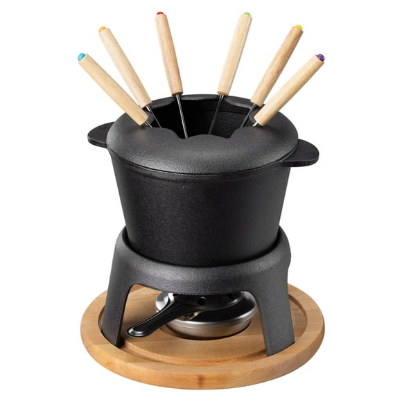 Juego de fondue de queso Navaris para 6 personas: juego de fondue de hierro fundido de 2 cuartos con 6 tenedores codificados por colores para queso, chocolate o carne, con protector contra salpicadura