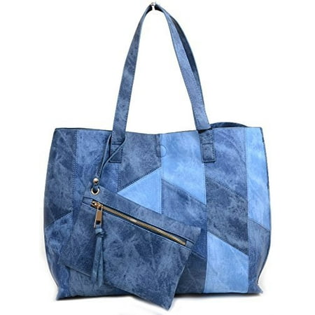 Fourever Funky - Blue Patchwork Reversible Vegan Leather Large Tote Bag Purse - www.bagssaleusa.com/product-category/speedy-bag/