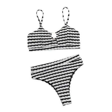 UTSJKR Women s Two Piece Bikini Sets Midi Waist Cheeky Swimsuit Summer Fashion Beach Striped Triangle Bathing Suits Black S