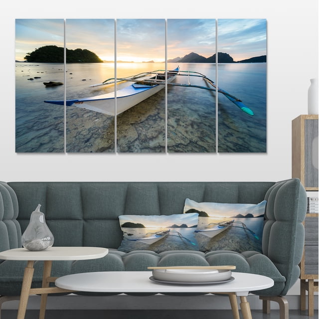 Boat Docked at Beautiful Sunset - Seashore Canvas Art Print