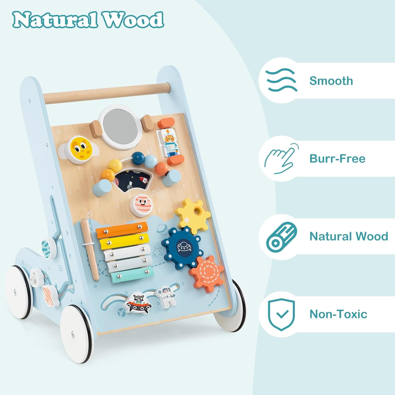 INFANS Wooden Baby Walker, Montessori Walker with Multiple Activity Toys, Storage, Push Walker Toys for Infant Learning to Walk, Sit to Stand Walker for Boys Girls