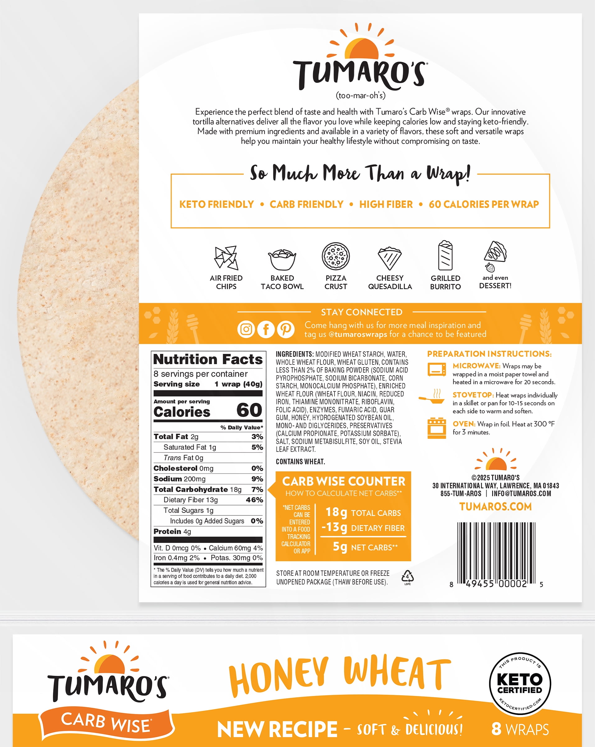 Tumaro's Honey Wheat Carb Wise Wraps, 6 Pack, 48 Count