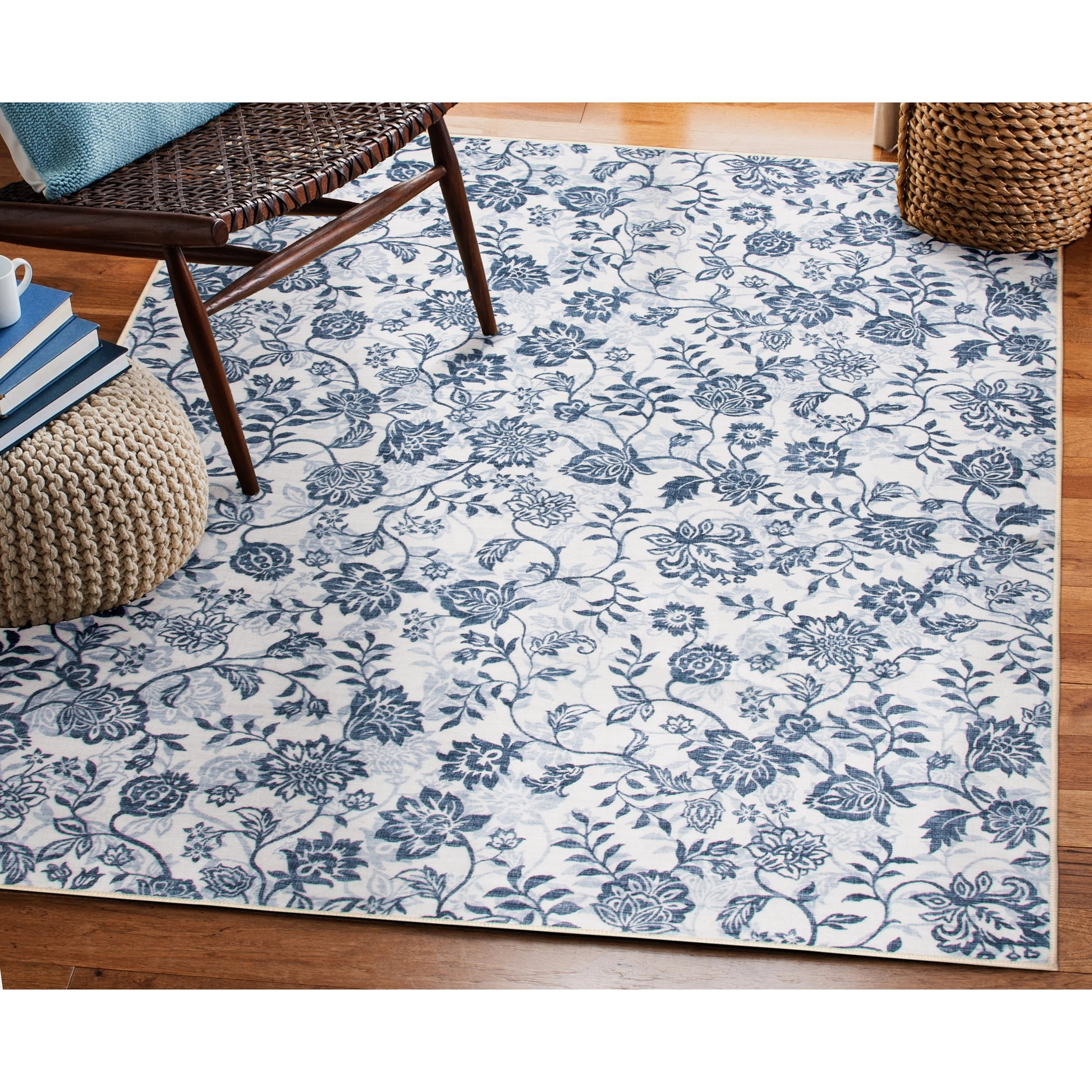 Mainstays Blue Floral Faux Fur Indoor Accent Rug, 4'x5'6"